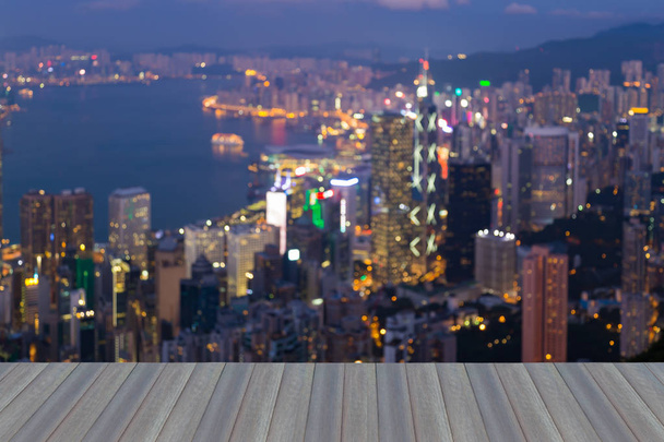 Blurred bokeh lights night view Hong Kong city downtown from Victoria peak view point - Photo, Image