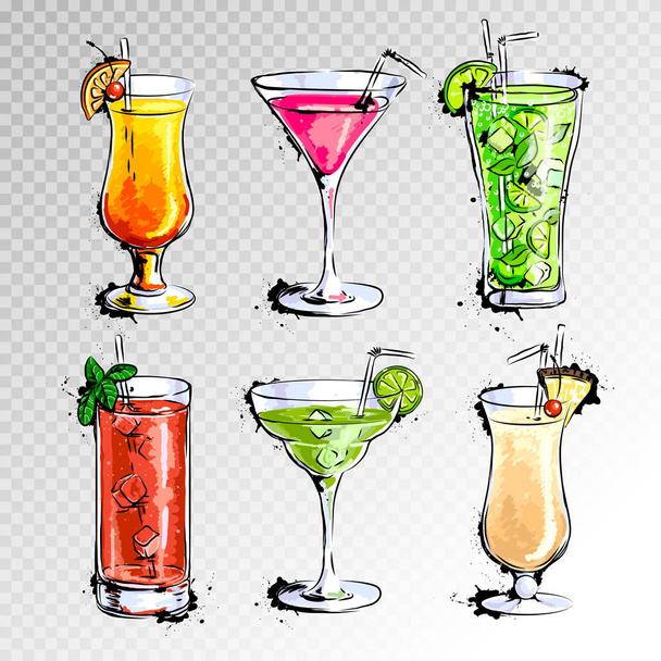 Hand drawn illustration of set of cocktails - Vettoriali, immagini