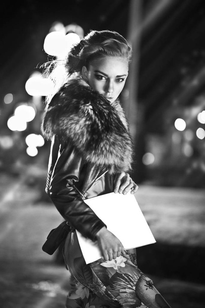 Sexy gorgeous brunette girl portrait in night city lights. - Photo, Image
