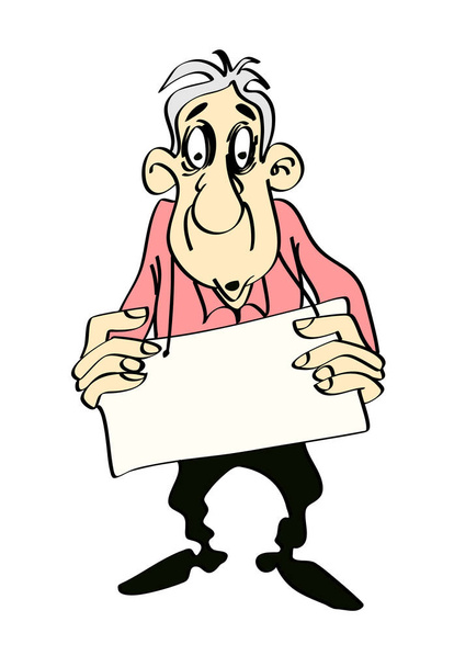 Velho homem de cabelos grisalhos com um cartaz nas mãos, isolado no fundo branco
. - Vetor, Imagem