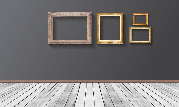 Ensemble de cadre en bois vintage doré sur mur, Plancher à planches
. - Photo, image