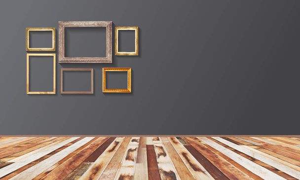 板の木製の床の壁に黄金のビンテージ木製フレームのセット. - 写真・画像