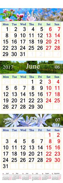 Calendar for three months 2017 with pictures of nature - Photo, Image