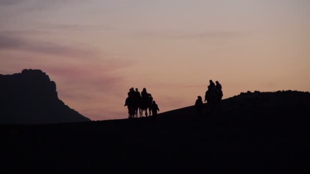 Καμήλα περιοδεία φτάνουν το σούρουπο σε ένα στρατόπεδο Berber - Πλάνα, βίντεο