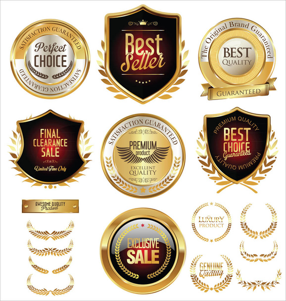 Vector medieval golden shields laurel wreaths and badges collection - Vector, Image