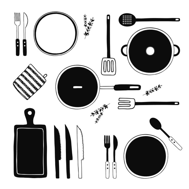 Kézzel rajzolt konyha edények meg. Konyhai eszközök gyűjteménye. Főző berendezések, konyhai eszközök, edények, ételek. Fekete-fehér vázlatot doodle design elemek. Vektoros illusztráció. Elszigetelt - Vektor, kép