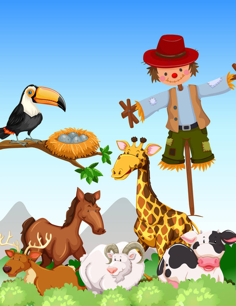 Many  wild animals and scarecrow in thefield - Vector, Image