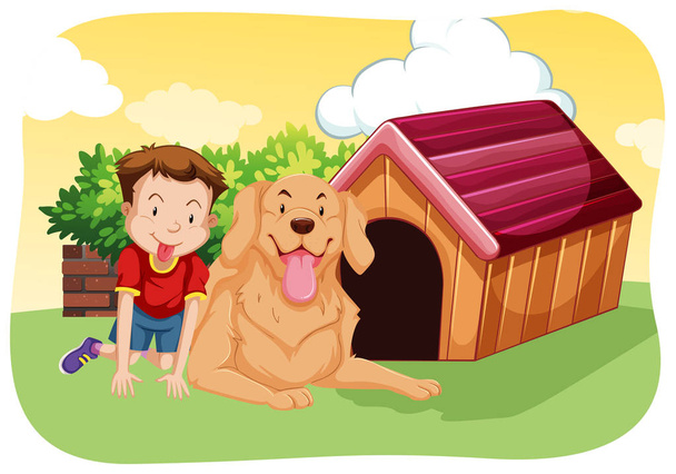 Rapaz e cão na relva
 - Vetor, Imagem