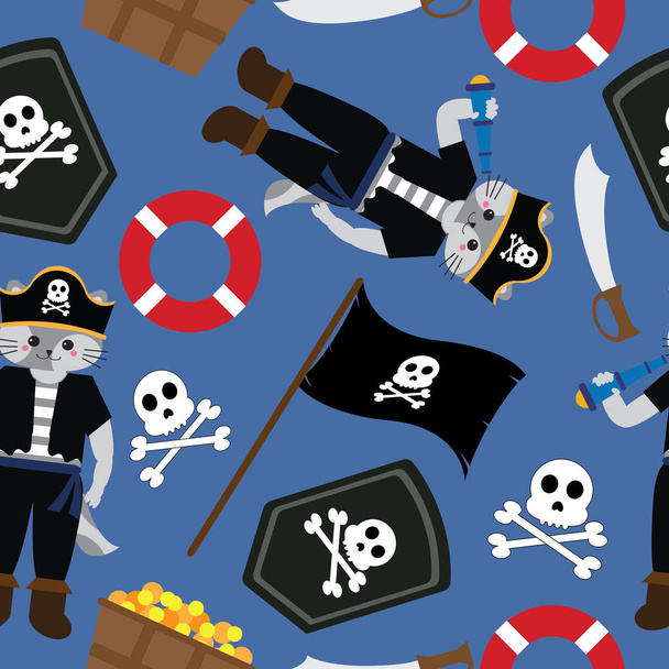 Бесшовный фон иллюстрации дня рождения с кошачьим пиратским сюжетом на синем фоне подходит для обоев, открыток и лома бумаги
 - Вектор,изображение