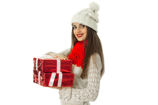 woman in warm sweater and red scarf - Foto, immagini