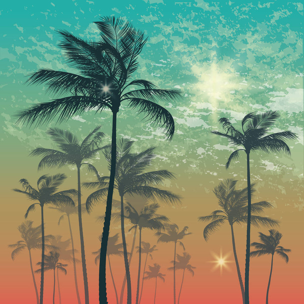 Exotic tropical palm trees at sunset or sunrise - Vector, Image