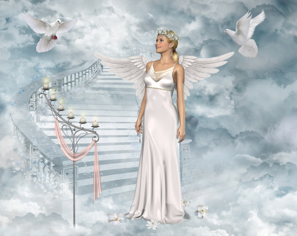 Güzel melek kadın ve güvercinler - Fotoğraf, Görsel