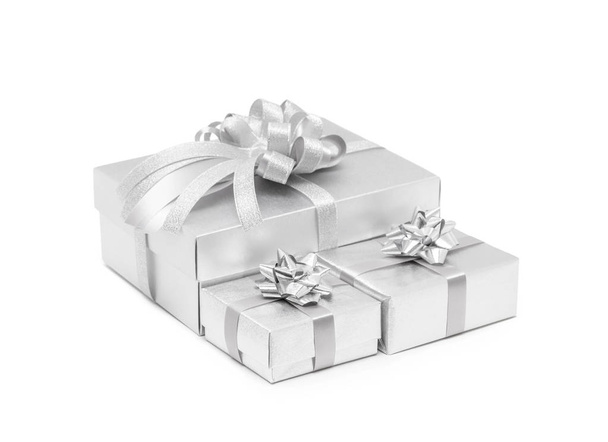 Celebration silver gift boxes isolated on white background - Photo, Image