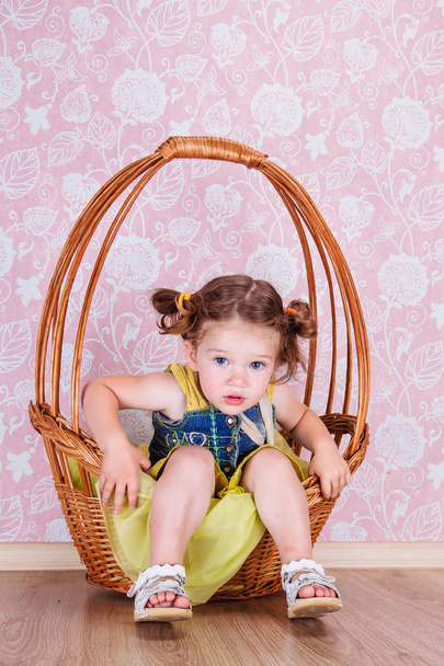 girl sitting on a wicker basket - Photo, Image
