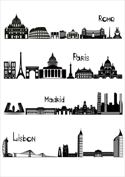 památky Říma, Paříže, Madridu a Lisabonu, vektor b-w - Vektor, obrázek