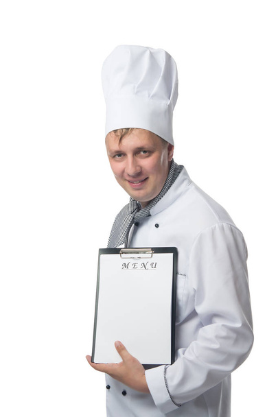 chef holds a menu in hand for the customer - Fotografie, Obrázek