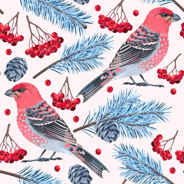 Seamless birds and spruce - Vector, afbeelding