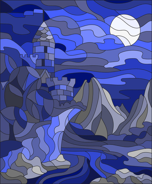 Kuvitus lasimaalaus maisema vanha linna taustalla taivas, kuu, joki ja vuoret, gamma sininen
 - Vektori, kuva