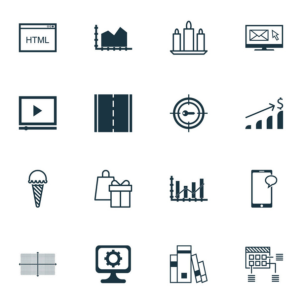 Set Of 16 Universal Editable Icons. Can Be Used For Web, Mobile And App Design. Includes Icons Such As PC, Raise Diagram, Shopping And More. - Vector, Image