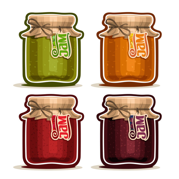Vector logo Fruit Jam in glass Jar with paper cover lid tied twine bow - Vector, Image