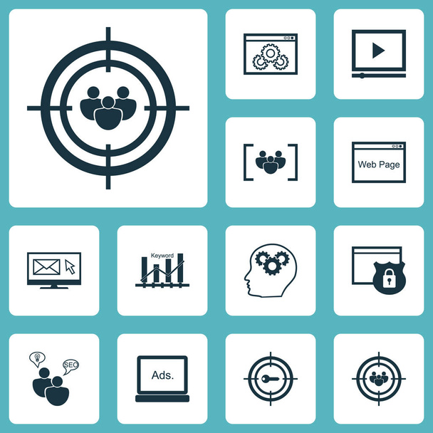 Set Of Marketing Icons On Keyword Marketing, Video Player And Focus Group Topics. Editable Vector Illustration. Includes Display, Video, Optimization And More Vector Icons. - Vector, Image