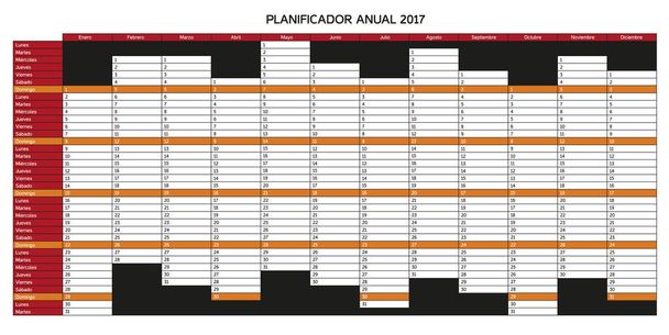 Year planning calendar for 2017 in Spanish - Planificador anual  - Vector, Image
