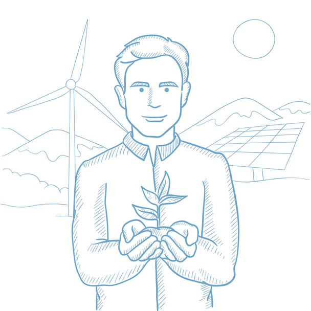 Man holding plant vector sketch illustration. - Vector, Image