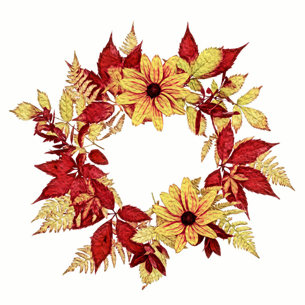 Imagem de uma grinalda de outono de flores de rudbeckia e pérsia, uvas vermelhas e amarelas e folhas de samambaia isoladas sobre fundo branco
 - Foto, Imagem