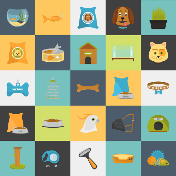 Pet store color icons set. Flat design. Pet shop theme - Vektor, kép