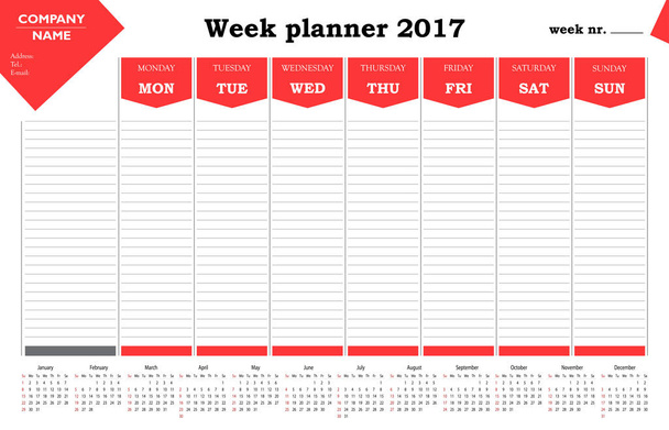 Wochenplaner 2017 Kalender für Firmen und Privatnutzung - Veranstalter und Zeitplan - Vektor, Bild