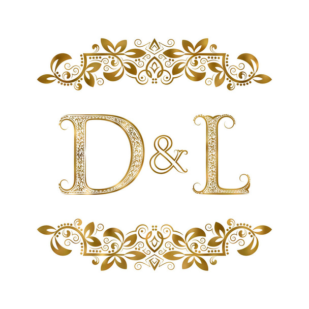 Символ логотипа D и L старинных инициалов. Буквы окружены декоративными элементами
. - Вектор,изображение