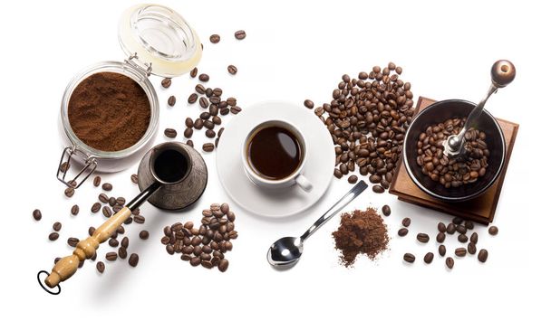 Káva atributy na bílém pozadí - Fotografie, Obrázek