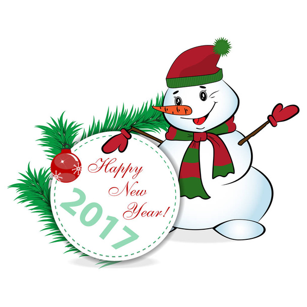 Снеговик. Рождественский фон с еловыми ветвями и стеклянным шаром
.  - Вектор,изображение