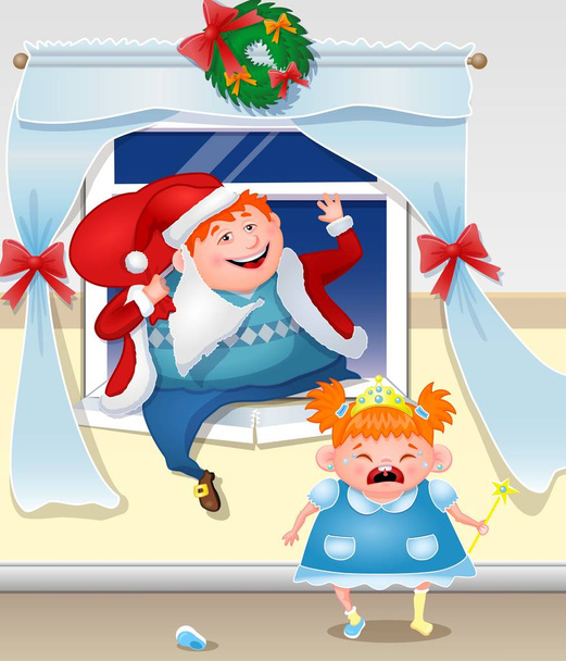 Пьяный папа, одетый как Санта вылезает из окна с подарками. Рыжеволосая дочь плачет
. - Вектор,изображение