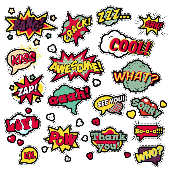 Emblemas de moda, remendos, adesivos em Pop Art Comic Speech Bubbles Set com meio-tom pontilhado Formas legais com expressões Cool Bang Zap Lol. Vector Retro fundo
 - Vetor, Imagem