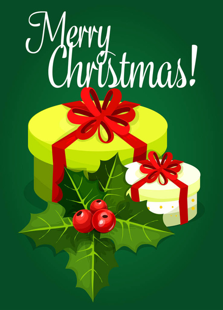 Regalo de Navidad con lazo, diseño de tarjeta de baya acebo
 - Vector, imagen