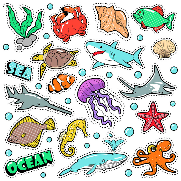Tengeri élet jelvények, patch, matricák - hal cápa teknős polip képregény stílusban. Tengeri és óceáni jellege. Vektoros illusztráció - Vektor, kép