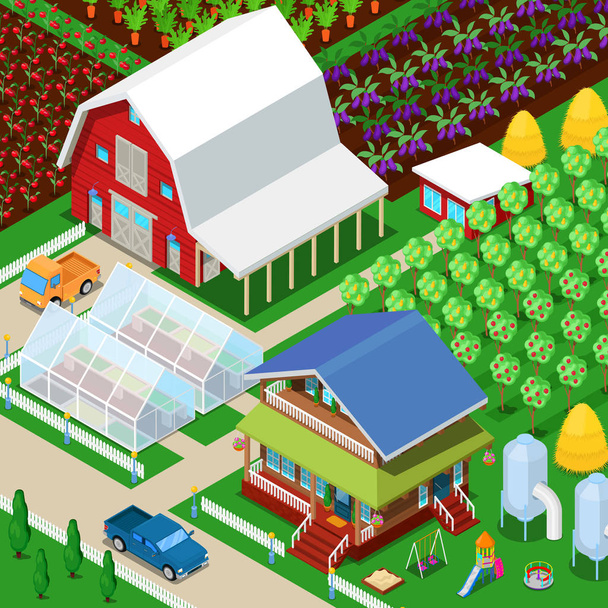Campo Agrícola Rural Isométrico con Invernadero y Jardín. Vector 3d ilustración plana
 - Vector, imagen