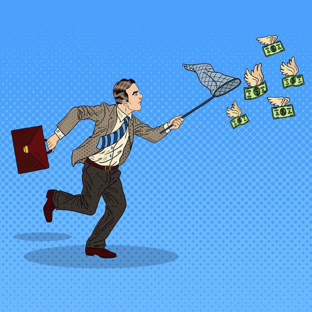 Pop Art Businessman Catching Flying Money. Vector illustration - Vector, Image