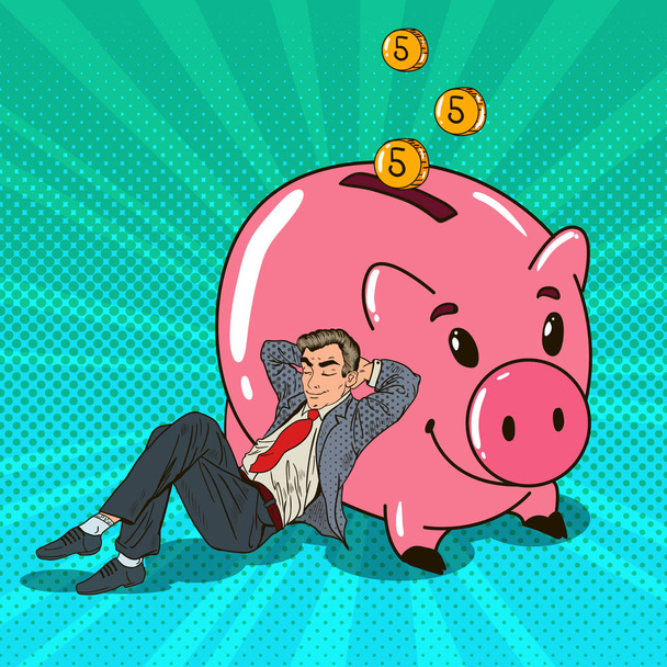 Поп-арт Счастливый бизнесмен, спящий рядом со свиньями с жалкими деньгами. Векторная иллюстрация
 - Вектор,изображение