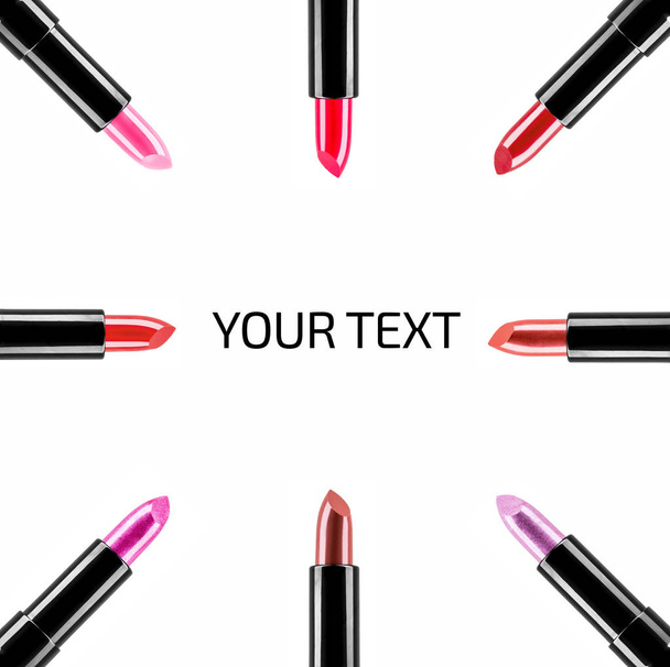 Lipstick colors arranged in a circle and isolated on a white background to form a page border - Photo, Image