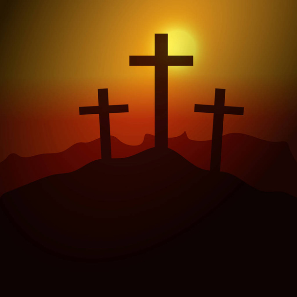 Imprimir Ilustração vetorial de três cruzes em uma colina ao pôr do sol
 - Vetor, Imagem