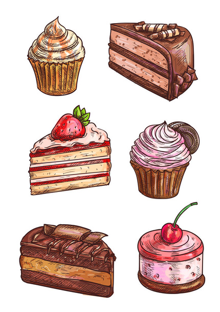 Cukrárna sladké zákusky scketch ikony - Vektor, obrázek