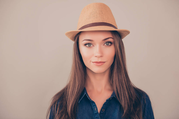 Portrait of young beautiful happy  brunette in summer hat - 写真・画像