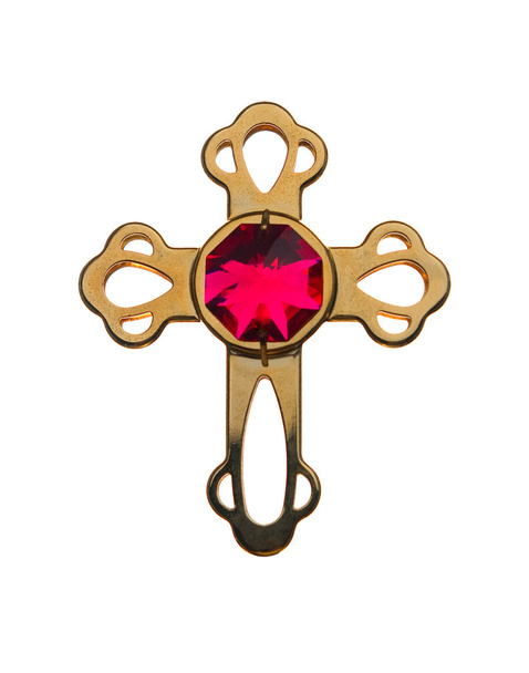 Golden Cross with pink jewel on white ba - Photo, Image