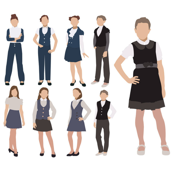 Vector set of pupils silhouette in school uniform isolated on white background. Female dress code clothes - Vecteur, image