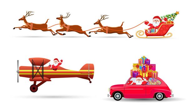illustrazione vettoriale di Babbo Natale che vola con cervi - Vettoriali, immagini