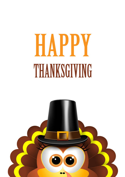 Cartoon turkey in a pilgrim hat. Card for Thanksgiving Day - Vektor, kép