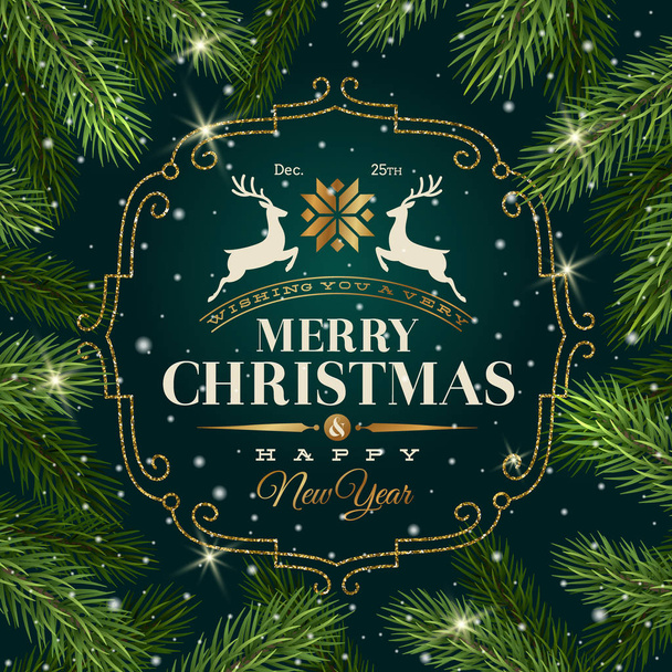 Christmas greeting card - Type design with glitter gold frame on a Christmas tree branches background - Wektor, obraz