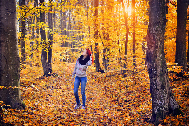 Chica pelirroja caminando en el bosque de otoño
 - Foto, Imagen